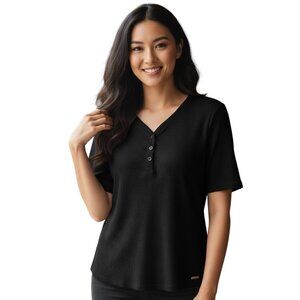 Calvin Klein Black Short Sleeve V-neck Pullover Knit Shirt-Size XL-Front Buttons